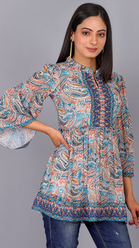 Thumbnail for Paisley Printed Multi Embroidered Top