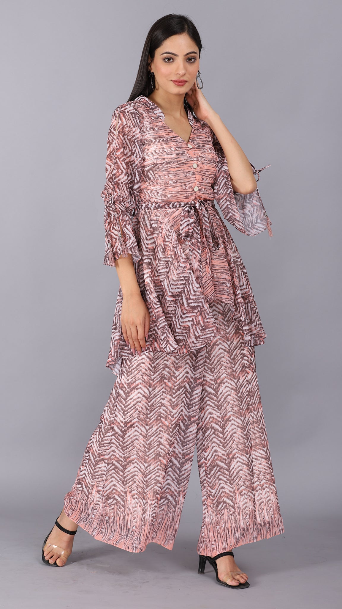 Printed peach co-ord set with belt