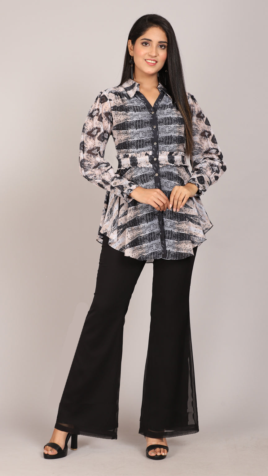 Printed shirt with bell bottom pant (set-2) - ALOFI - Women Designer Dresses
