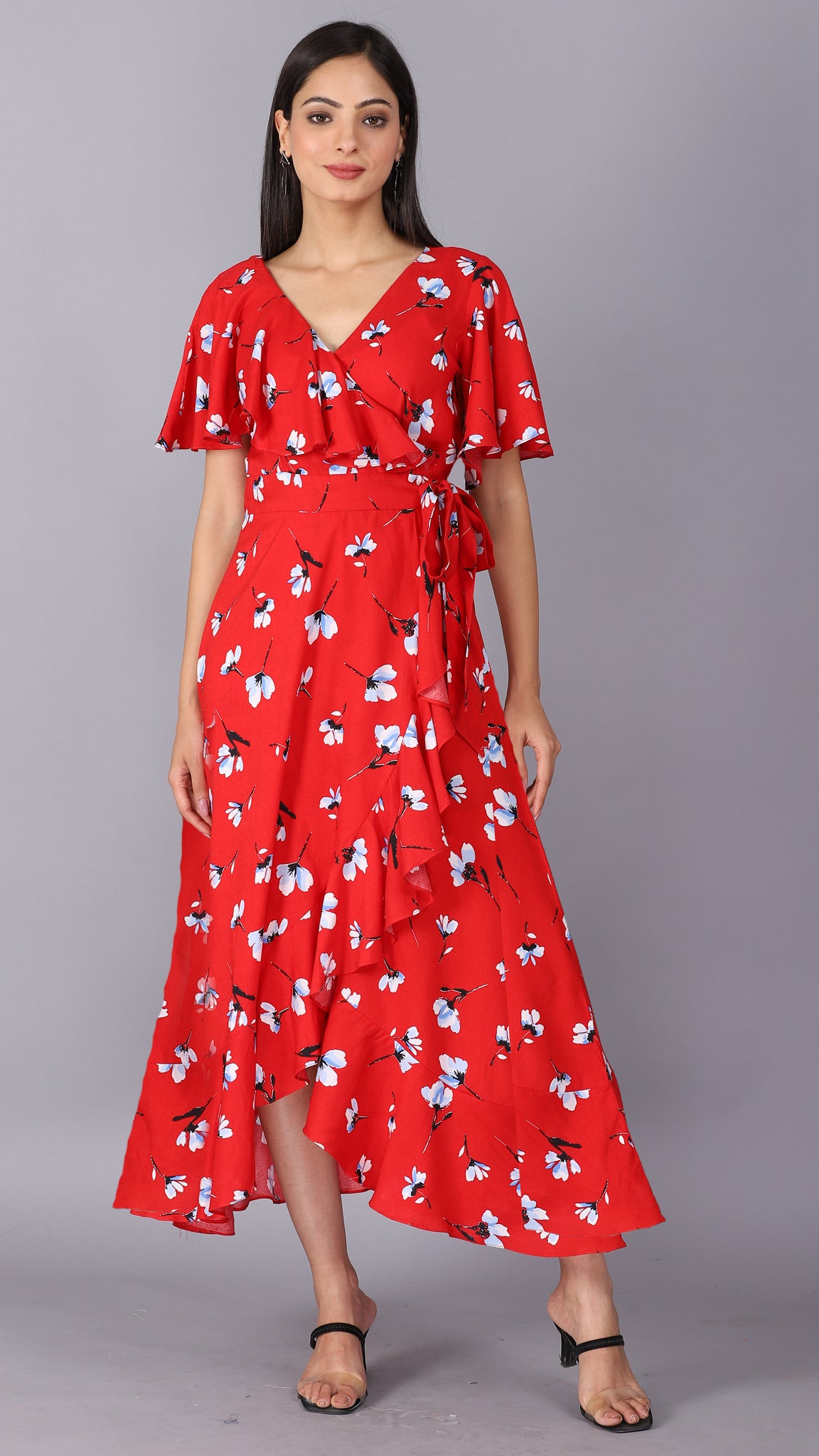 Red Floral Belted Wrap Dress | SilkFred US