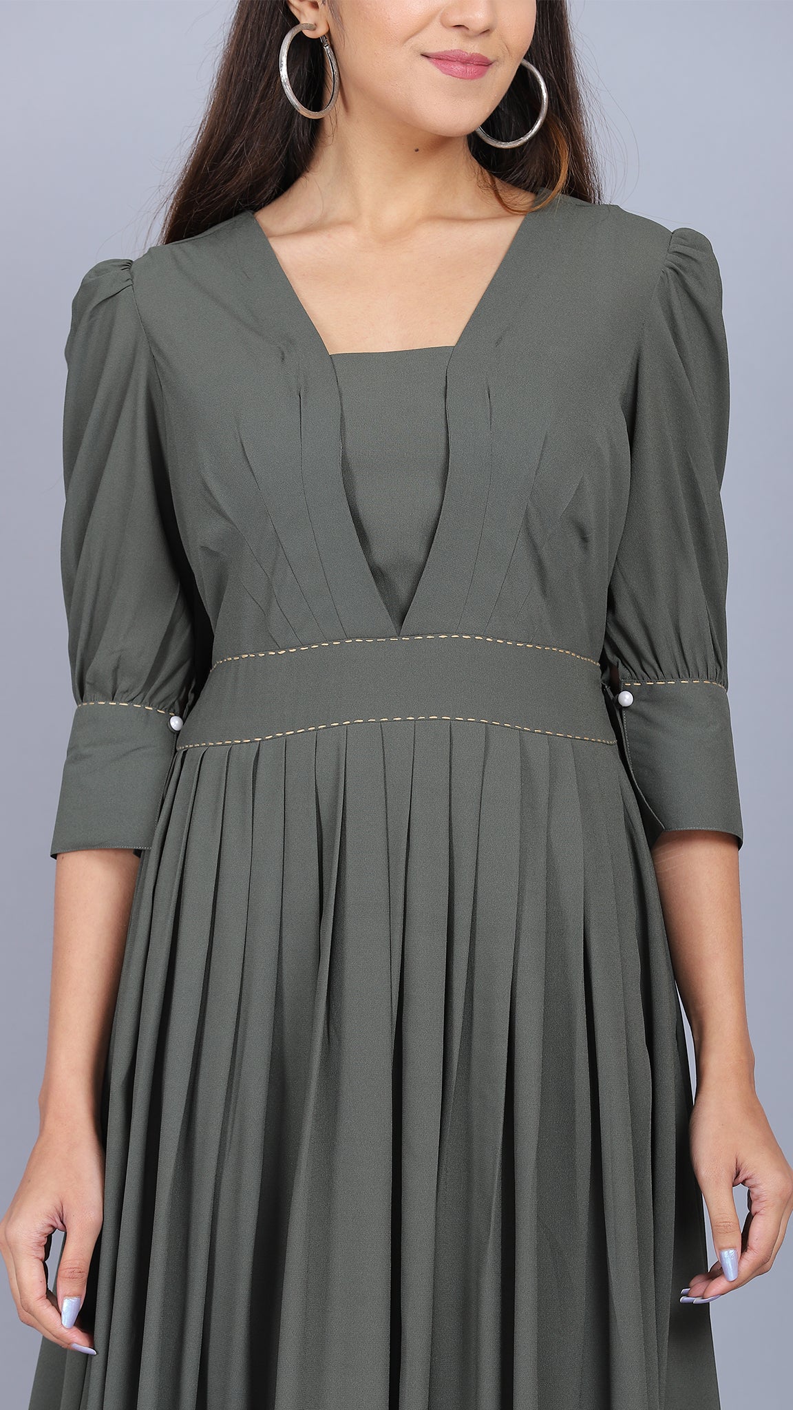 Olive Green Solid Empire Dress