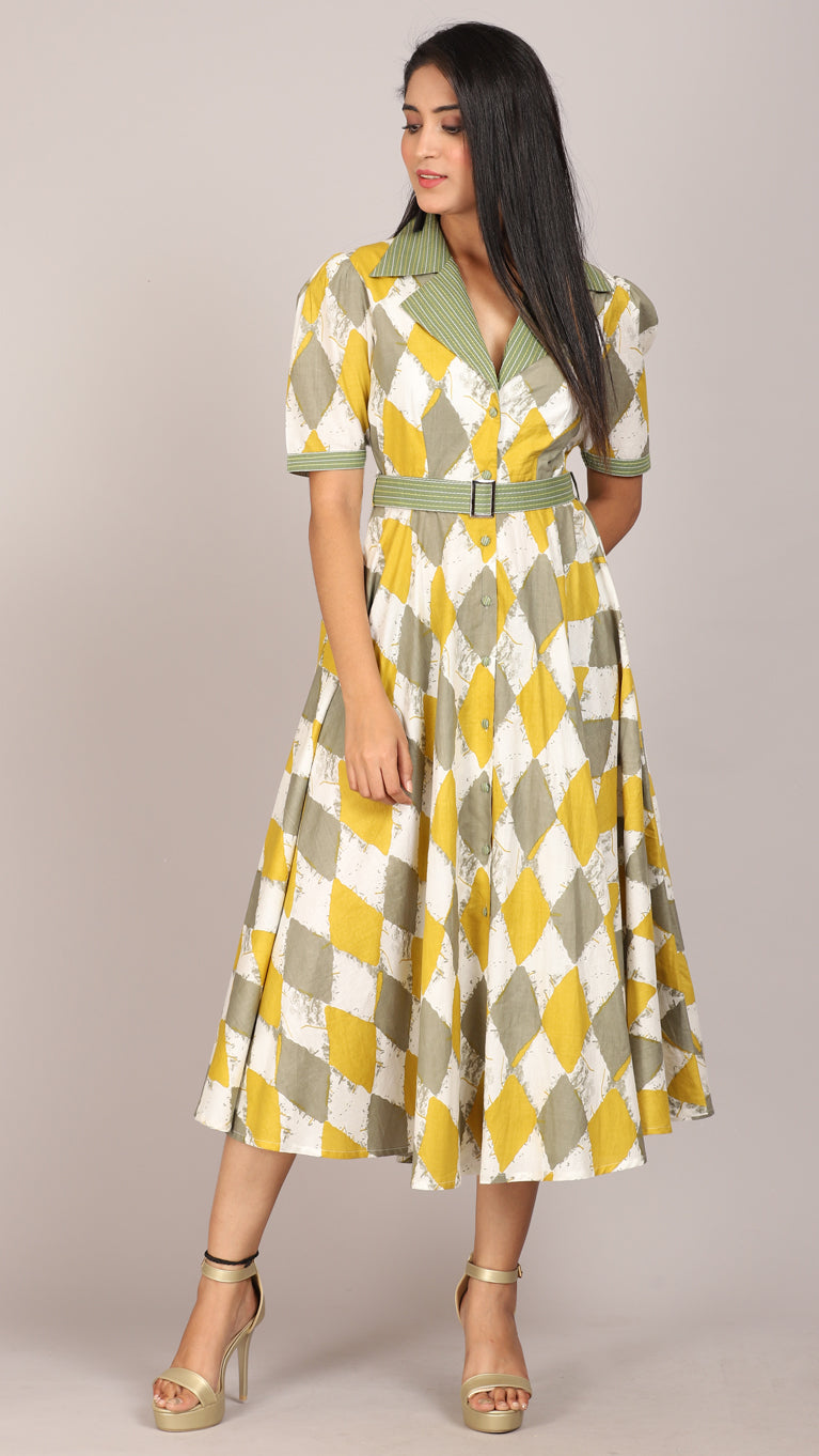 Yellow printed embroidered collared maxi dress