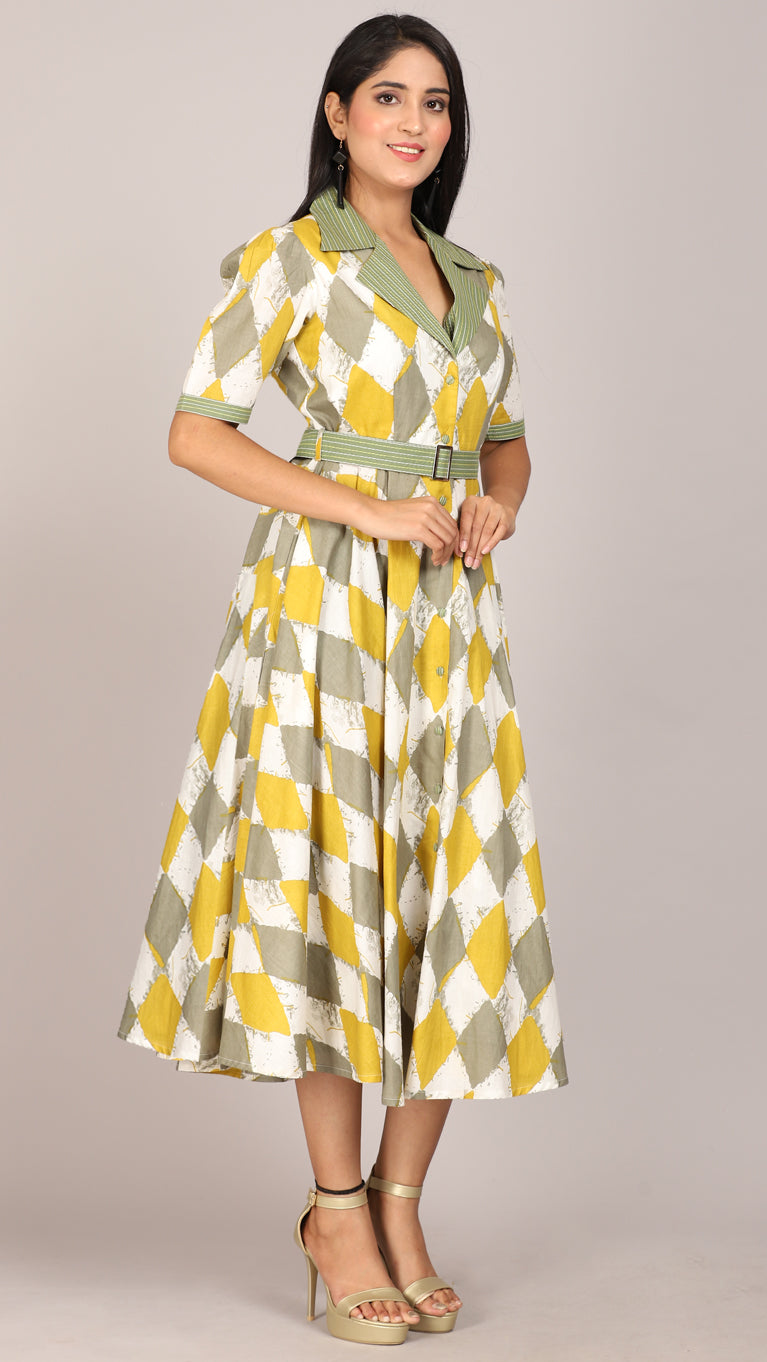 Yellow printed embroidered collared maxi dress